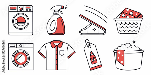 A variety of cleaning products and tools arranged neatly in a row. Vector