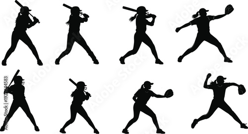 Female baseball player silhouette vector set with batting and pitching poses, sports action illustration collection for softball training, fitness design, and athletic performance