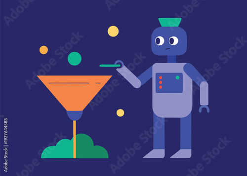 Blue robot bartender stirs a large martini glass with green liquid and bubbles.