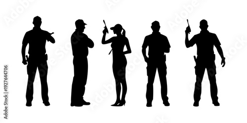 Silhouettes of people holding various objects in a line Vector