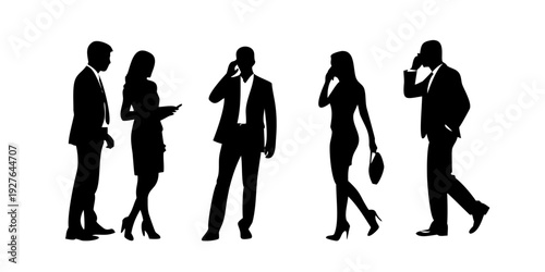Five people walking and talking on their phones in a business setting Vector