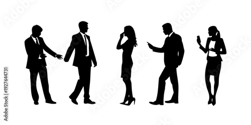 Five business people walking in a line, each engaged in different activities. Vector
