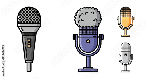 A collection of various cartoon-style microphones for audio recording, podcasting, and broadcasting purposes.
