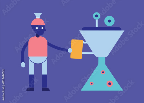 Humanoid robot with a red hat stands beside a large funnel, processing information.