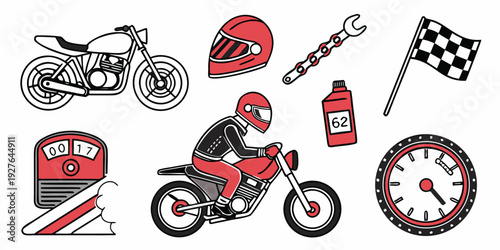Assorted motorcycles and racing equipment displayed in a dynamic arrangement Vector