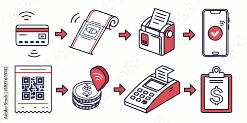 Illustration of a mobile payment process with various devices and steps. Vector