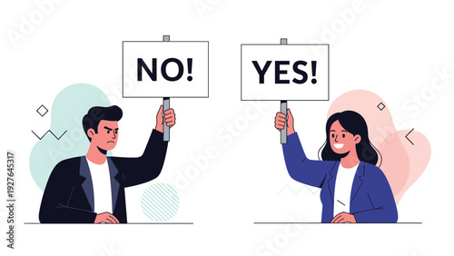 Two people hold up signs that say NO and YES respectively to represent disagreement, choice, voting, or conflicting opinions in a discussion.