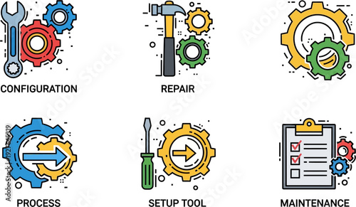 Collection of six flat line icons depicting various industrial and technical processes such as configuration, repair, setup, and maintenance with tools and gears.