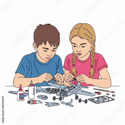 Children Building Model Planes Together During Craft Time.