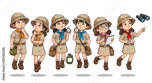 Group of young explorers dressed in safari outfits holding compasses notebook and pointing