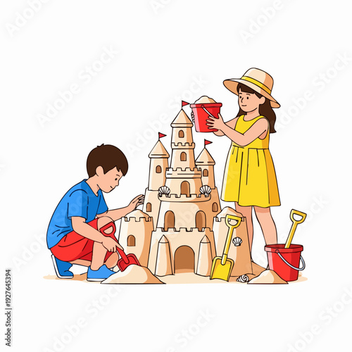 Children building sandcastle on sunny beach.
