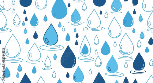 A seamless pattern featuring various shades of blue water droplets, some outlined and some creating ripples on a white background.