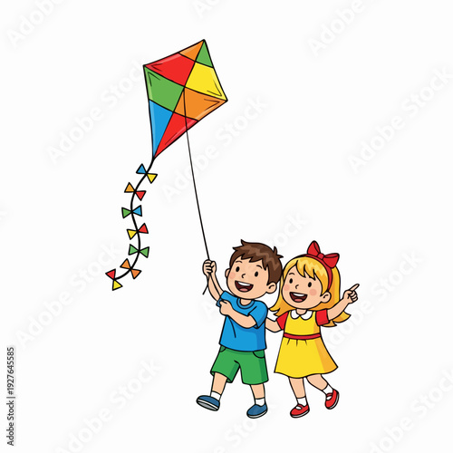 Children Playing Outdoors with Colorful Kite.