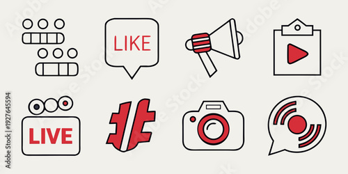 Social media icons representing likes, live streaming, and notifications Vector