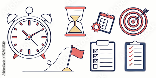 Illustrations of time management and productivity tools and icons Vector