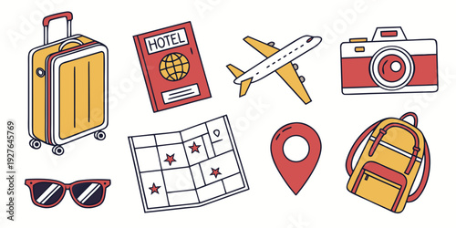 Assorted travel items including a passport, sunglasses, and a map. Vector