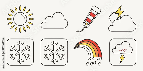 A collection of weather icons representing different atmospheric conditions and phenomena Vector