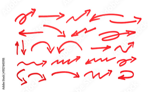 Red Hand Drawn Arrows Collection. Hand drawn pencil marker doodle arrow set brush line, curved direction pen style.