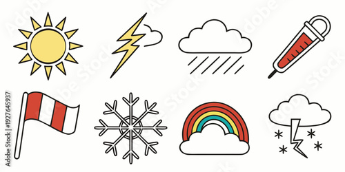 Weather icons and a flag on a white background, representing various weather conditions. Vector