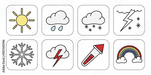 Weather icons representing sunny, cloudy, rainy, snowy, and windy conditions Vector