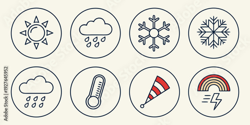 A collection of weather icons representing different atmospheric conditions and phenomena Vector