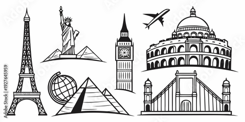 Iconic landmarks from around the world depicted in a vintage illustration style Vector
