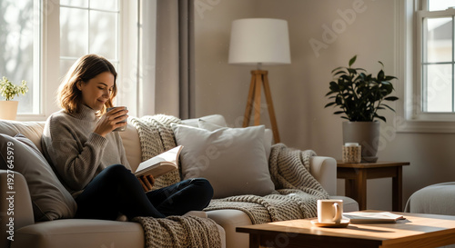 Cozy Living Room Scene with Woman Reading and Natural Light.