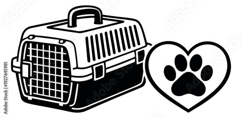 Line art pet care set featuring a pet carrier and a heart with a paw print for animal care