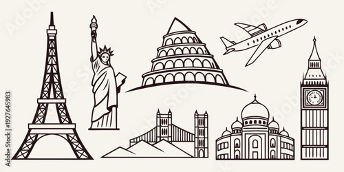 Iconic landmarks and symbols of travel and exploration from around the world Vector