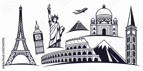 Iconic landmarks from around the world depicted in a charming line art style. Vector