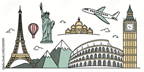 Iconic landmarks from around the world depicted in a charming and colorful illustration Vector