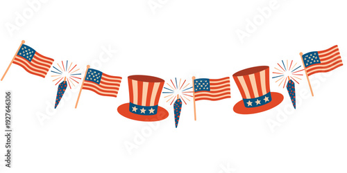 Festive independence day garland with american flags and uncle sam hats