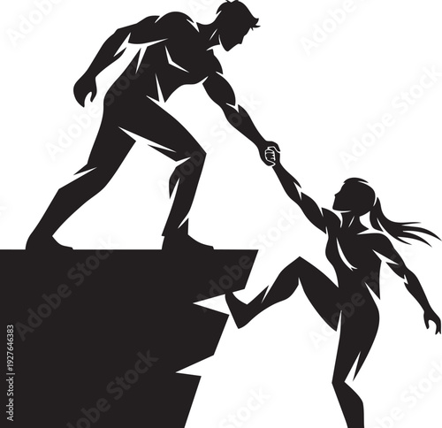 A man helping a woman up a broken cliff isolated on transparent background, Vector