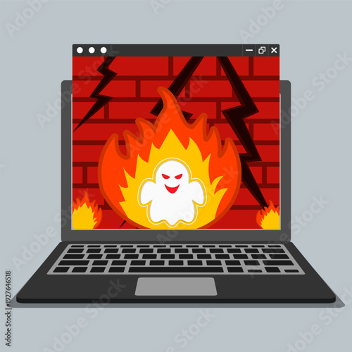 Computer malware attack concept. Ghost virus and firewall broken  with burning flames on laptop screen. Showingcyber threat, system intrusion, and digital security risk.