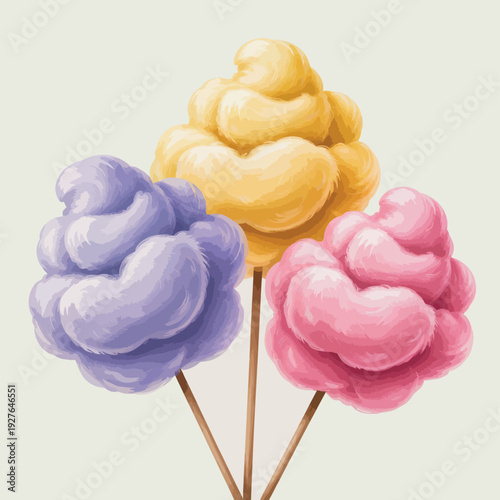 Three colorful cotton candy treats on sticks in pastel shades