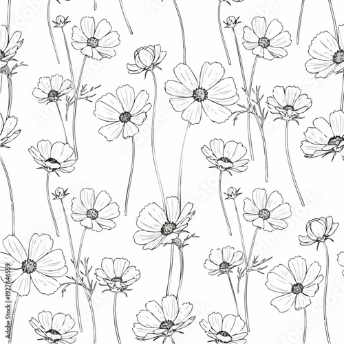 Monochrome Floral Line Art Pattern of Flowers.