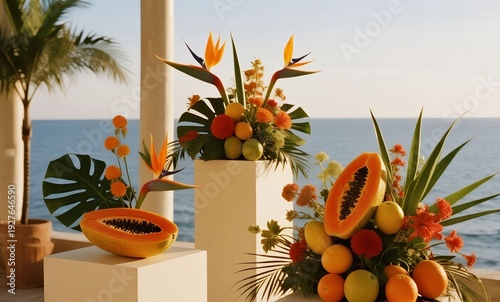 Luxury Tropical Fruit and Bird of Paradise Floral Arrangement on Ocean View Terrace at Sunset