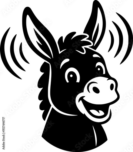 Black and white vector illustration of a happy donkey head. Silhouette of a friendly donkey or mule character with a smiling expression and expressive ears.