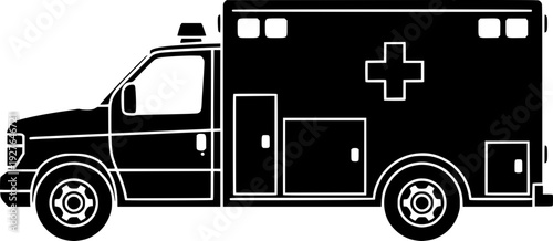 Black and white vector silhouette of an ambulance. Professional emergency medical service vehicle with a cross symbol, side view, simple and clean design.
