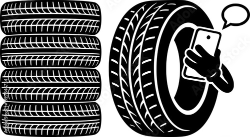 Set of three tire mascot characters in vintage cartoon style. Features a tire with a thumbs up, a plain tire, and a tire holding a smartphone. Black and white vector for auto service.