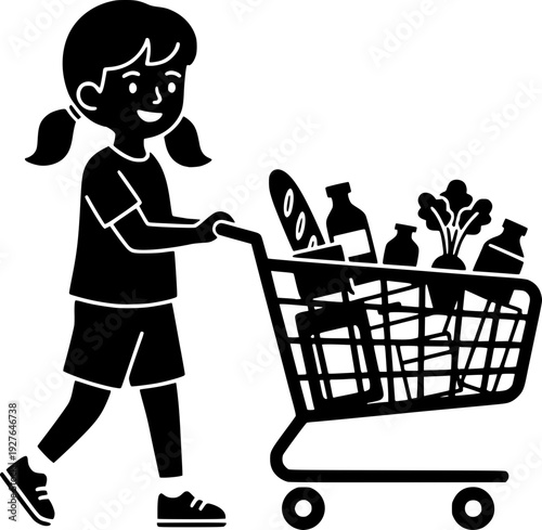 Black and white vector illustration of a young girl pushing a shopping cart filled with groceries. Silhouette showing a child helping with grocery shopping tasks.