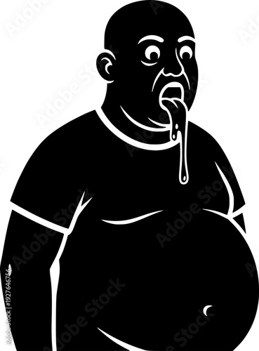 Black and white vector illustration of an overweight man vomiting. Silhouette style depicting nausea, sickness, food poisoning, or health consequences of obesity.