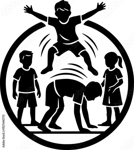 Black and white vector illustration of children playing leapfrog inside a circular frame. Silhouette style showing active kids jumping and playing outdoors together.