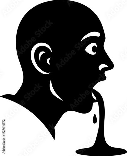 Black and white vector illustration of a person's profile head vomiting. Silhouette depicting nausea, sickness, medical symptoms, or food poisoning.