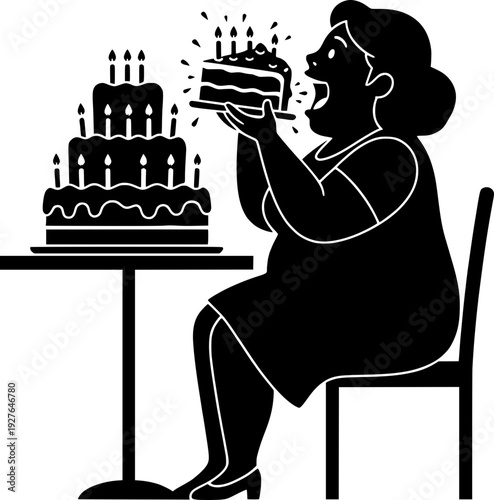 Black and white vector illustration of an overweight woman eating a large piece of cake next to a multi-tiered birthday cake. Silhouette depicting overeating or sugar.