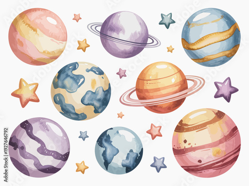 Watercolor planets and stars collection for space exploration and astronomy