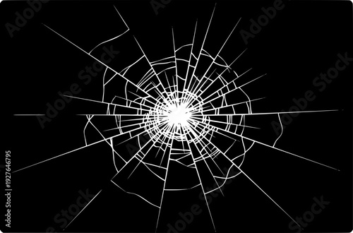 Broken glass surface on black background. Realistic white shattered glass effect with radial cracks and shards. Ideal for overlay, impact concept, or vandalism