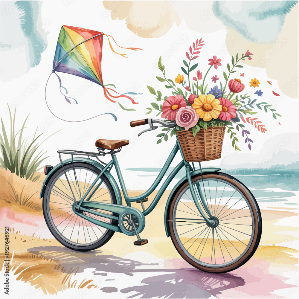 Fototapeta premium Watercolor painting of a bicycle with a flower basket and kite on the beach