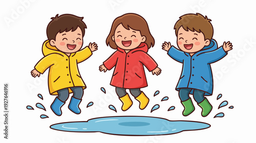 Three Children Jumping Over Puddle.