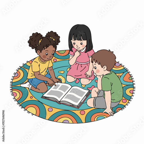 Three Children Reading a Book Together on Colorful Rug.